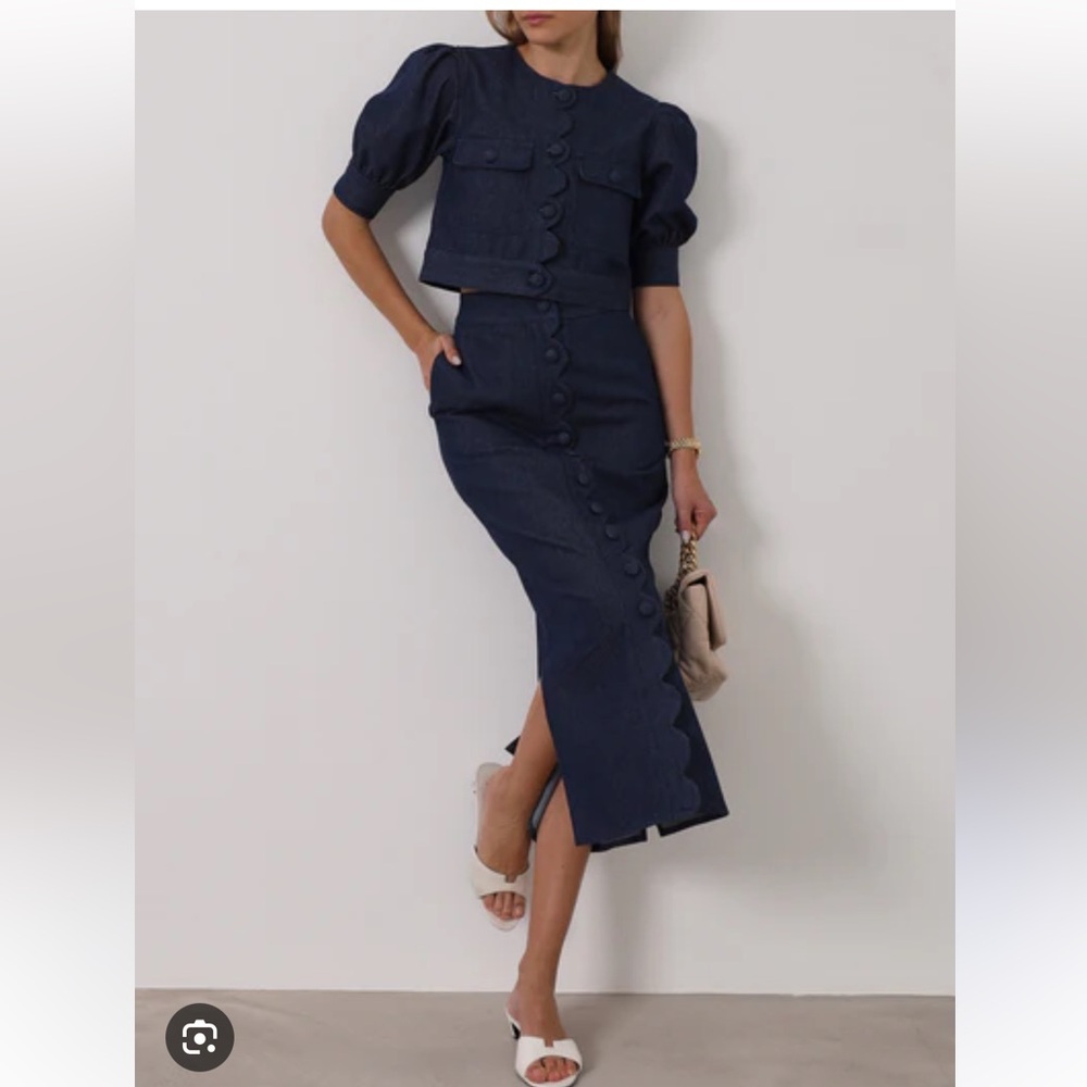 Vita Grace Estella Navy Blue Midi scalloped Pencil Skirt and jacket denim look